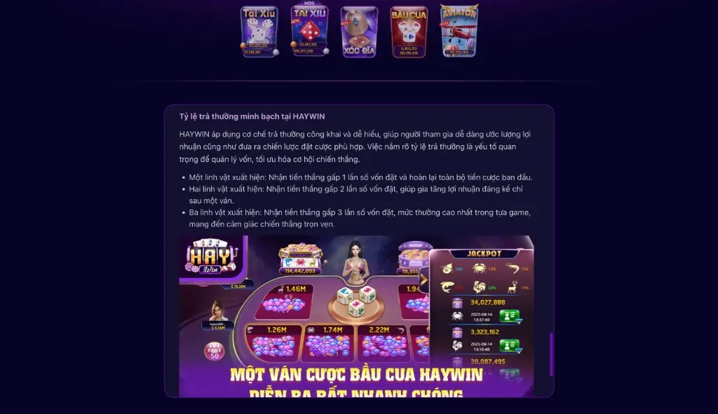 Bảng tỷ lệ trả thưởng minh bạch tại Haywin